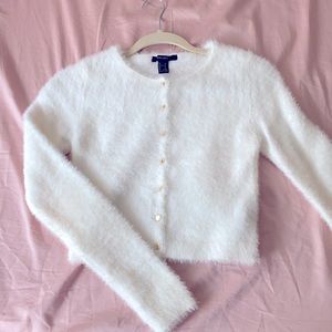 White fuzzy button up cardigan